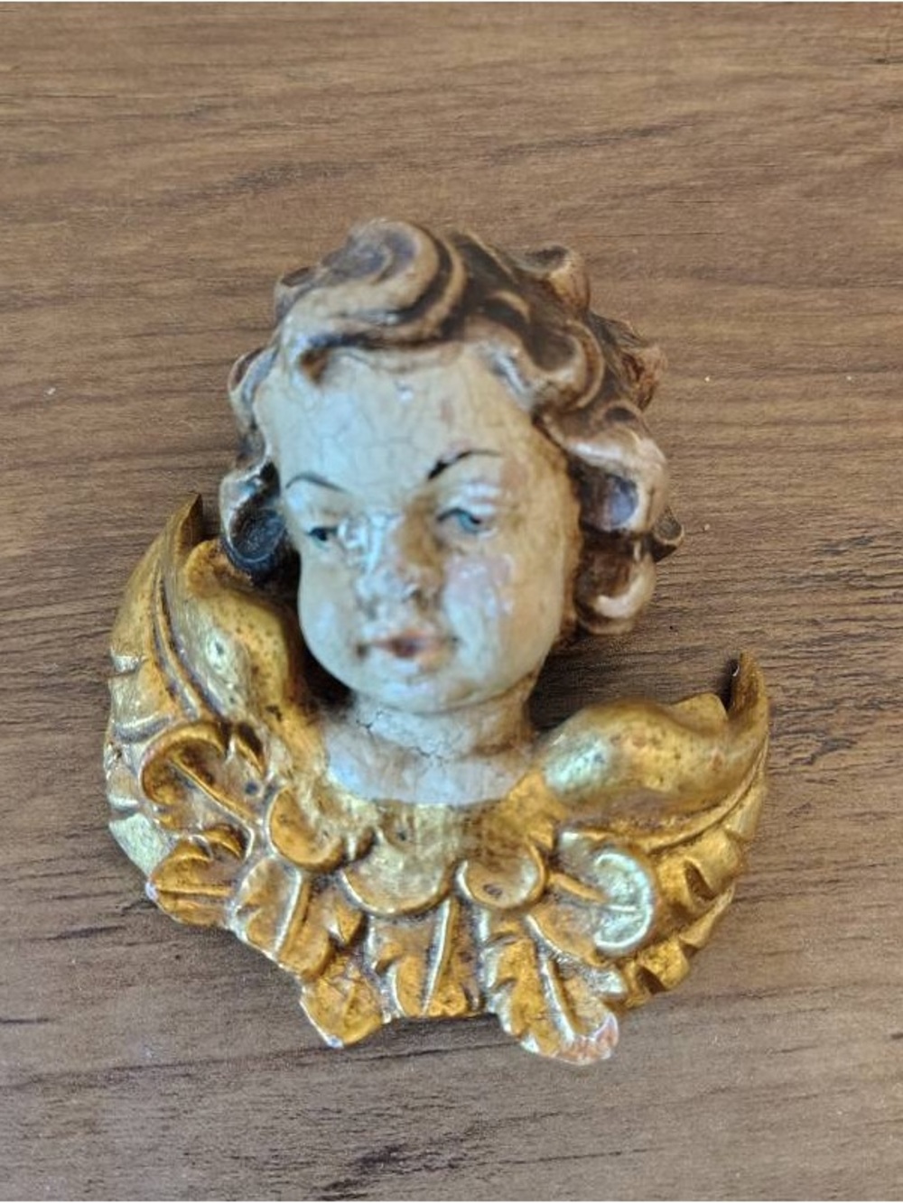 Vtg Hand Carved Cherub Angel Head Gilded Wings 1950s German Oberammergau